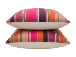 Two stacked throw pillows with vibrant vertical stripes and cream edges transparent background. isolated on a transparent background