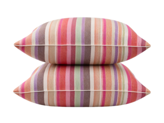Two striped throw pillows stacked with pastel and bright vertical stripes transparent background. isolated on a transparent background
