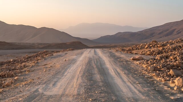 Dramatic Desert Landscape with Rugged Road and Distant Mountains Offering a Sense of Adventure and Exploration