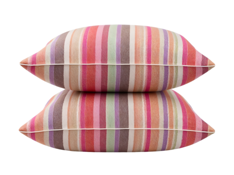 Two striped throw pillows stacked with pastel and bright vertical stripes transparent background. isolated on a transparent background