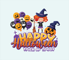Happy Halloween Trick or Treat with Witch Girl, Balloons, and Pumpkin Vector Illustration