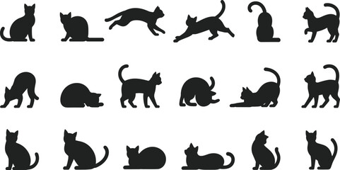 Cat silhouette vector set, black cat poses, sitting cat, walking cat, playing kitten, sleeping cat graphic, feline shape icons