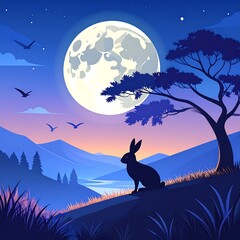 Silhouetted rabbit by a moonlit valley