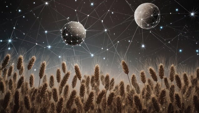 Mystical celestial spheres hover above a golden wheat field under a starry night sky with glowing constellations - Powered by Adobe