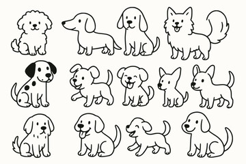 Cute Cartoon Dog Illustration Set in Minimal Black and White Outline Style for Playful Designs