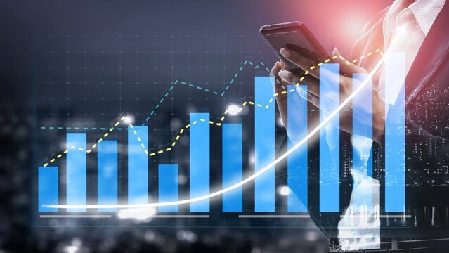 A businessman analyzes financial data on his smartphone while surrounded by graphs and charts, set against a blurred urban cityscape at night, conveying business growth. Copula