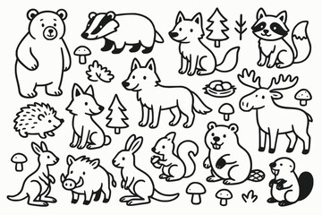 Fototapeta premium Whimsical Woodland Animal Doodle Icon Set in Bold Black-and-White Hand-Drawn Style