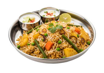 A plate of flavorful vegetable biryani, served with raita and a lemon wedge, highlights a vibrant and delicious meal.