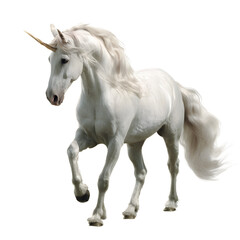 Majestic white unicorn with a flowing mane and tail isolated on transparent background