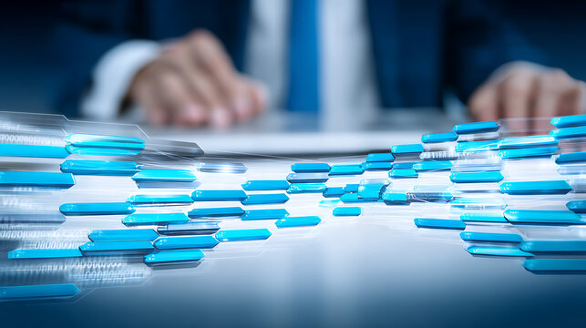 Person working at desk with digital data visualization overlay