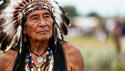 Portrait of an elderly Native American man in traditional headdress 