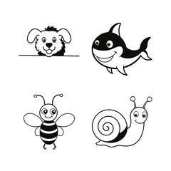 Collection of cartoon animals in black and white style on transparent background