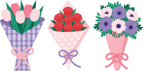Vector art of three bouquets of flowers with different colors