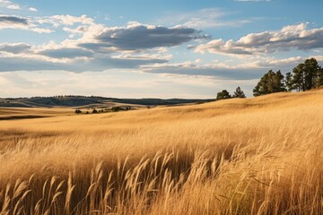 Fototapeta premium Golden prairie grasses under a cloudy sky swaying field