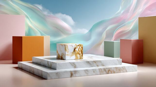 Marble podium with golden veins and colorful geometric shapes soft pastel sky creates elegant and modern abstract scene with smooth flowing fabric