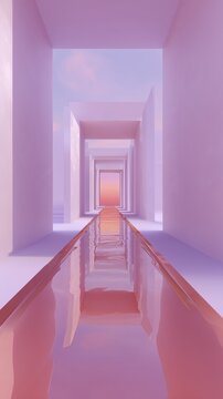 A mesmerizing corridor of minimalist architecture with a reflective water feature, creating a surreal and serene ambiance.
