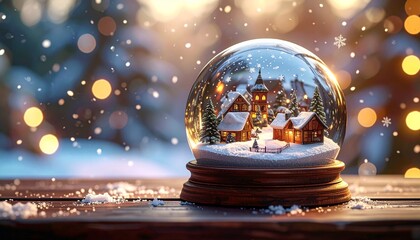 Snow globe with cozy winter village scene sits on wooden surface, surrounded by glowing lights and falling snowflakes