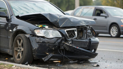 Car crash accident on the road with damaged front and broken headlight