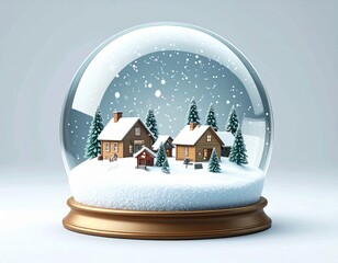 Snow globe with winter village scene, featuring cozy houses and snow covered trees, evokes serene holiday atmosphere