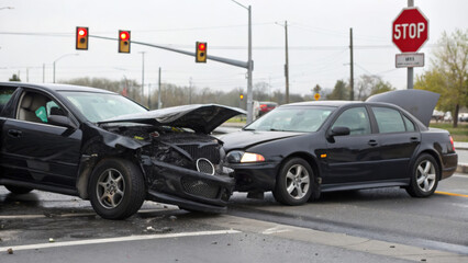 Two black cars crashed at an intersection with a stop sign nearby