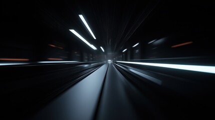 A long exposure shot of a tunnel interior, emphasizing speed and motion. The lights create streaks, drawing the viewer into a sense of rapid movement. 
