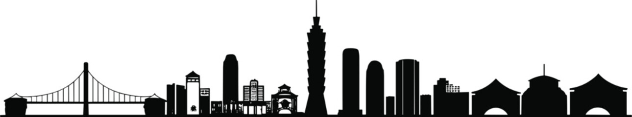 Naklejka premium Taipei city skyline silhouette illustration, Taipei 101 tower artwork, modern urban architecture design, traditional Asian buildings, cultural landmark cityscape background