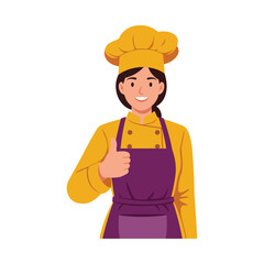 Smiling female chef giving thumbs up, wearing yellow jacket and purple apron.