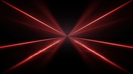 Dynamic convergence of fiery red laser beams converge into a central point within a dark, mysterious space. The radiant energy suggests precision and futuristic technology.