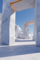 An architectural marvel crafted from ice-white marble, set against a pristine azure sky, exuding an aura of grandeur and artistic design.