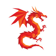 A fierce red dragon in a low-poly, geometric style roaring with its wings spread wide on a white background.