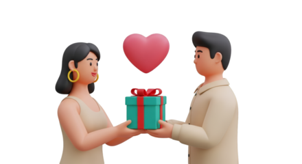 Couple Exchanging Gift with Heart Symbol