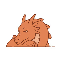 Illustration of a cartoon dragon with an orange body and a stern expression, resting.