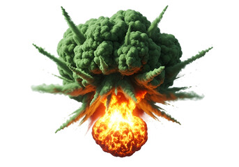 A vibrant explosion of bright green smoke and orange flames against a stark black background, showcasing a dynamic and powerful effect.