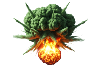 A vibrant explosion of bright green smoke and orange flames against a stark black background, showcasing a dynamic and powerful effect.