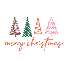 Merry Christmas Typography with Four Different Trees in Pastels