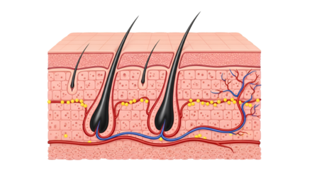 Cross-section of Human Skin with Hair Follicles and Blood Vessels