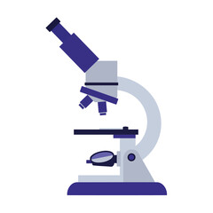 A detailed illustration of a modern compound microscope with a blue and white color scheme, isolated on a white background.