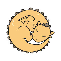 A cute, sleeping baby dragon curled up in a circle with its eyes closed.