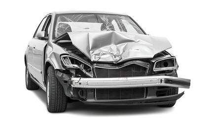 Severely damaged car front view isolated on white showcasing the aftermath of a collision highlighting the importance of road safety and responsible driving