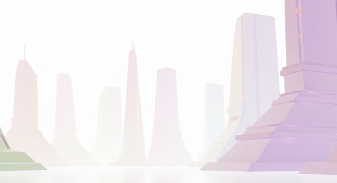 Soft light bathes a pastel city skyline futuristic architecture gently painted in hazy dawn. AI Generated