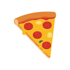 Illustration of a slice of pepperoni pizza with melted cheese on a white background.