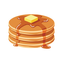 Stack of pancakes with butter and syrup, a breakfast food.
