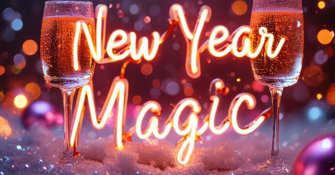 Celebration scene. Champagne glasses sparkle with bright neon text reading New Year Magic. Festive, joyful atmosphere.