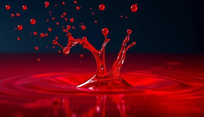Crimson liquid splashing, creating vibrant droplets and ripples, shiny, visual