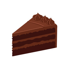 A delicious slice of rich chocolate cake with multiple layers of cake and frosting, topped with decorative swirls, on a white background.