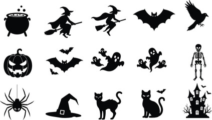Halloween silhouettes, spooky icons, witch vector, ghost illustration, pumpkin design, haunted house, bat graphic, skeleton art, black cat, holiday decoration