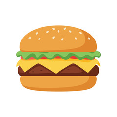 A classic cheeseburger with lettuce, tomato, and a sesame seed bun, depicted in a simple, flat cartoon style.