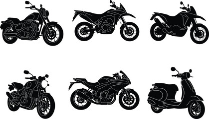 Obraz premium Motorcycle and scooter silhouette set, black and white vector icons, cruiser, sport bike, dual-sport, classic scooter, transport design