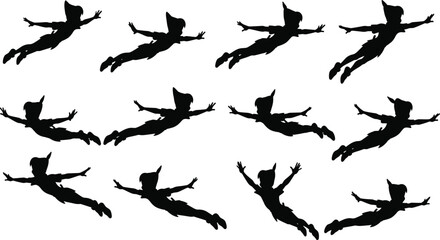 Flying silhouette vector illustration of fantasy character in motion, Peter Pan inspired figure artwork, magical fairy tale design concept