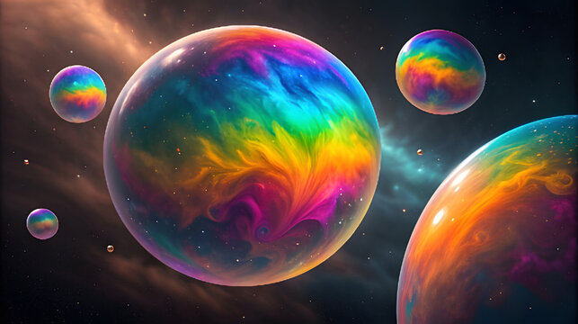 Swirling Rainbow Paint Spheres in Cosmic Nebula image